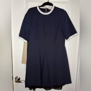 TED BAKER LONDON navy blue ponte knit dress with eyelet lace trim. Sz 12 NWT